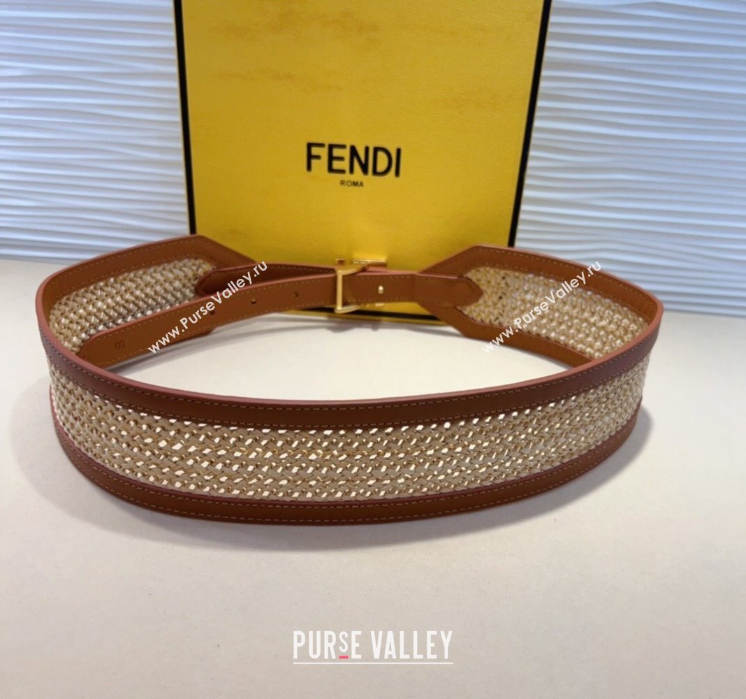 Fendi Waist Belt 6cm in Crochet Straw-Like and Calfskin Brown 2024 (99-241022016)