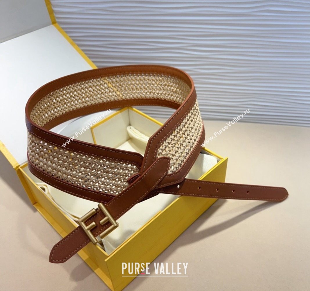 Fendi Waist Belt 6cm in Crochet Straw-Like and Calfskin Brown 2024 (99-241022016)