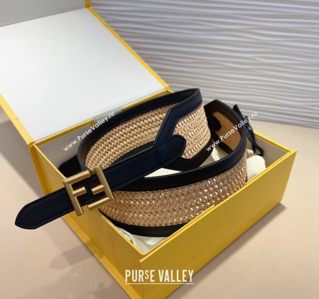 Fendi Waist Belt 6cm in Crochet Straw-Like and Calfskin Black 2024 (99-241022017)