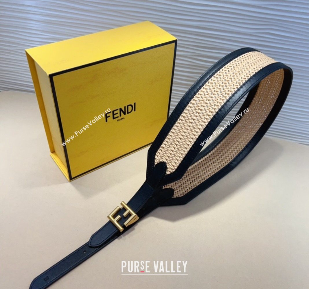 Fendi Waist Belt 6cm in Crochet Straw-Like and Calfskin Black 2024 (99-241022017)