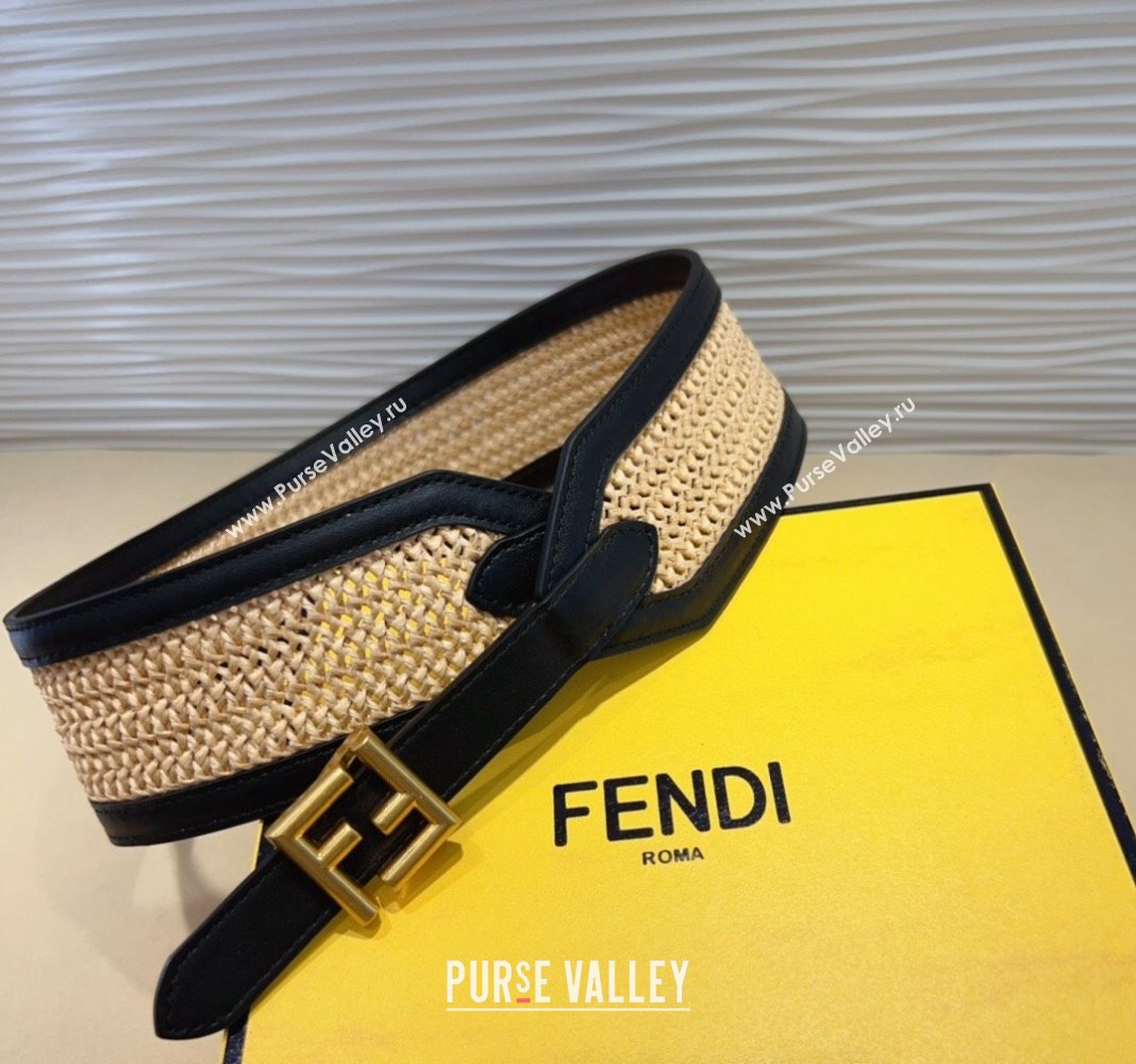 Fendi Waist Belt 6cm in Crochet Straw-Like and Calfskin Black 2024 (99-241022017)