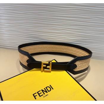 Fendi Waist Belt 6cm in Crochet Straw-Like and Calfskin Black 2024 (99-241022017)