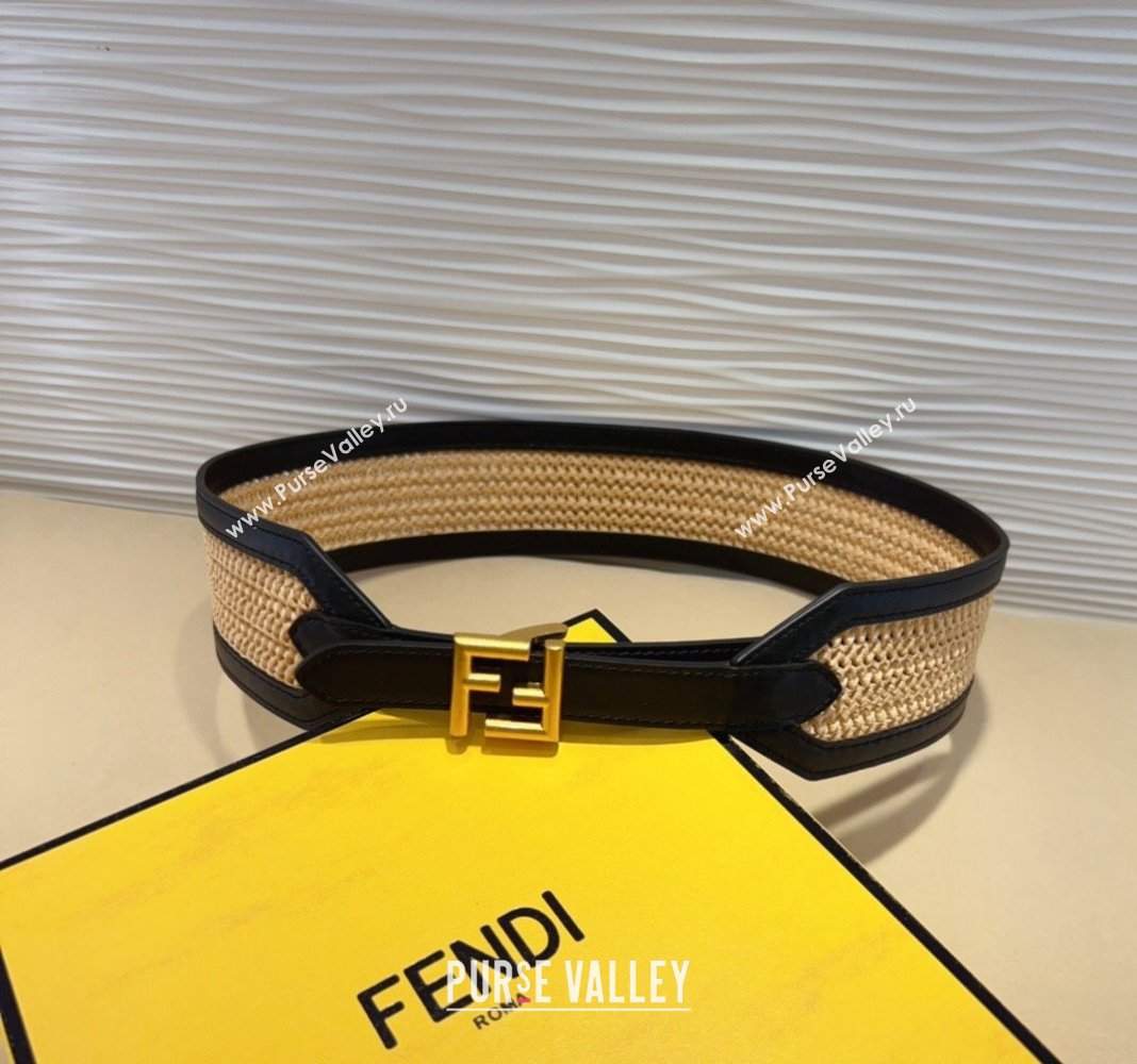 Fendi Waist Belt 6cm in Crochet Straw-Like and Calfskin Black 2024 (99-241022017)