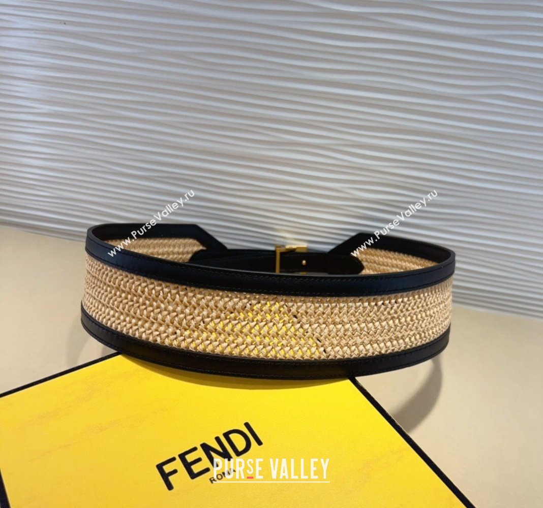 Fendi Waist Belt 6cm in Crochet Straw-Like and Calfskin Black 2024 (99-241022017)