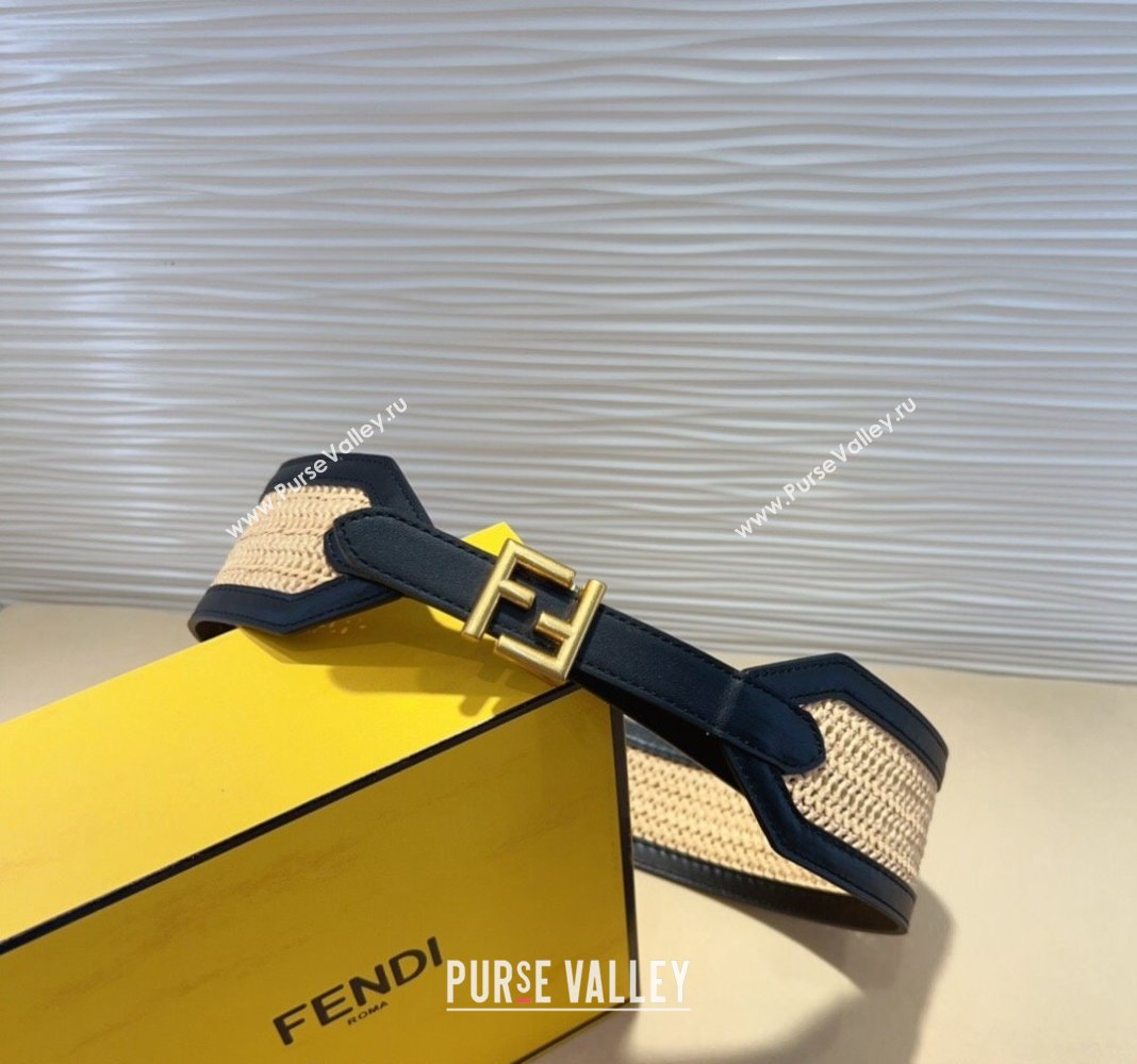 Fendi Waist Belt 6cm in Crochet Straw-Like and Calfskin Black 2024 (99-241022017)