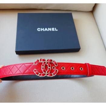 Chanel Grained Calfskin Belt 3cm with Chain CC Red 2024 CH102206 (99-241022086)