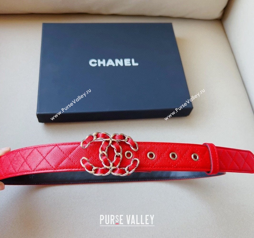 Chanel Grained Calfskin Belt 3cm with Chain CC Red 2024 CH102206 (99-241022086)