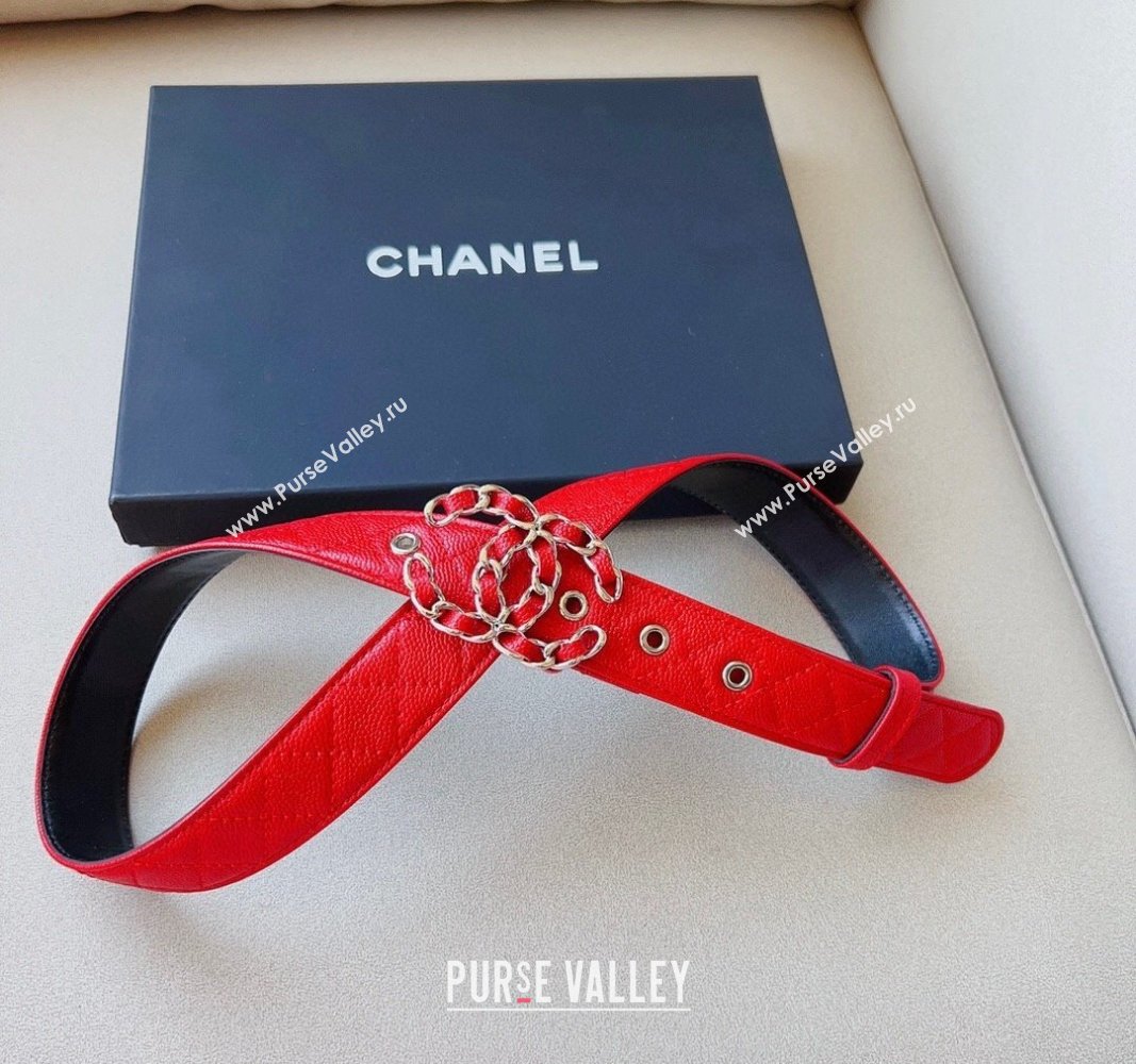 Chanel Grained Calfskin Belt 3cm with Chain CC Red 2024 CH102206 (99-241022086)