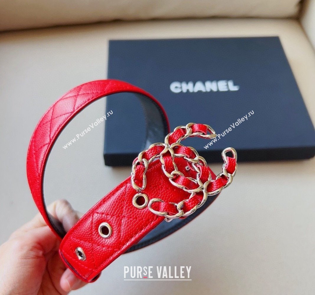 Chanel Grained Calfskin Belt 3cm with Chain CC Red 2024 CH102206 (99-241022086)