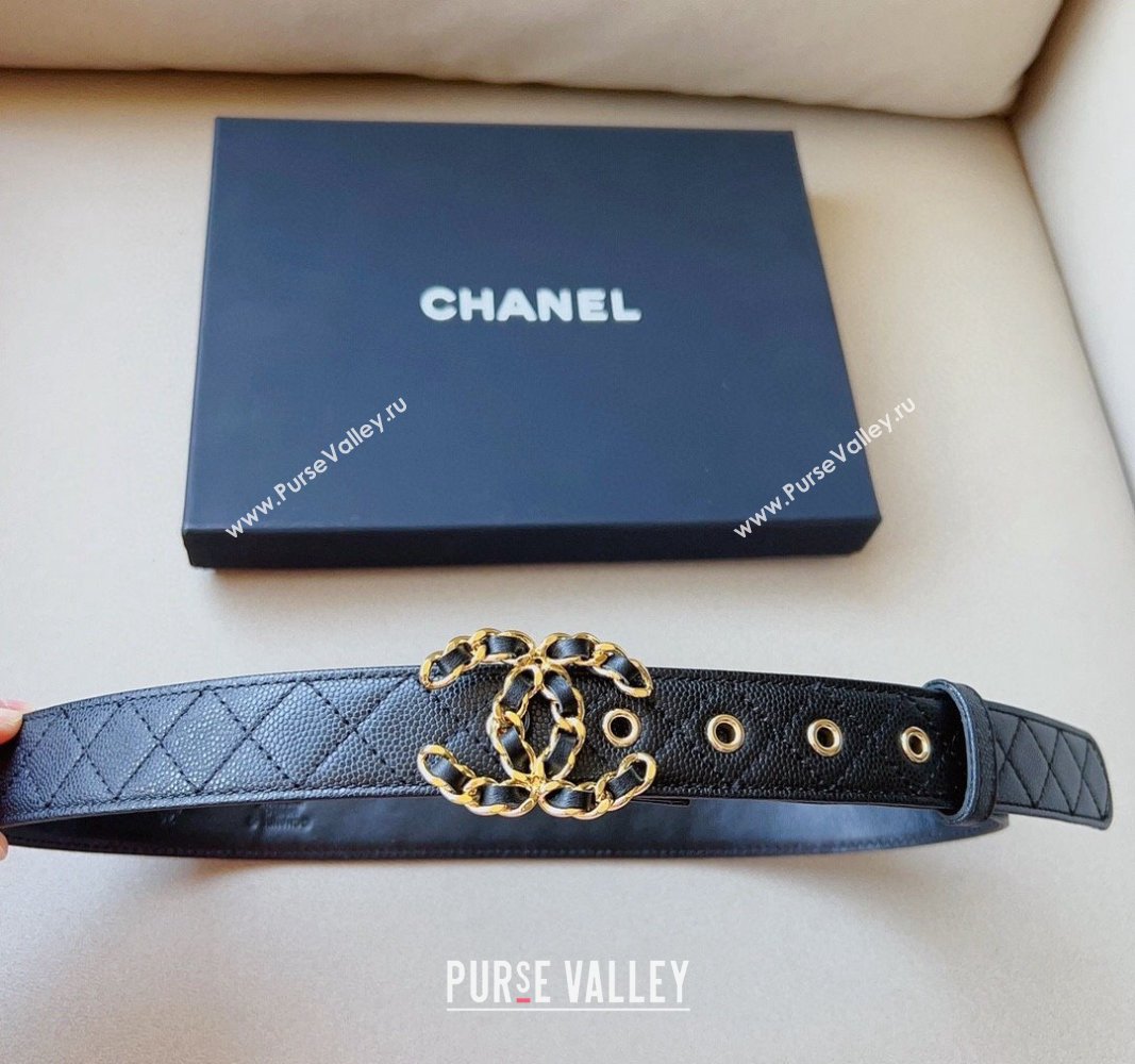 Chanel Grained Calfskin Belt 3cm with Chain CC Black/Gold 2024 CH102206 (99-241022087)