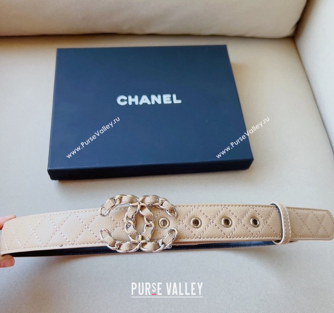 Chanel Grained Calfskin Belt 3cm with Chain CC Beige 2024 CH102206 (99-241022089)