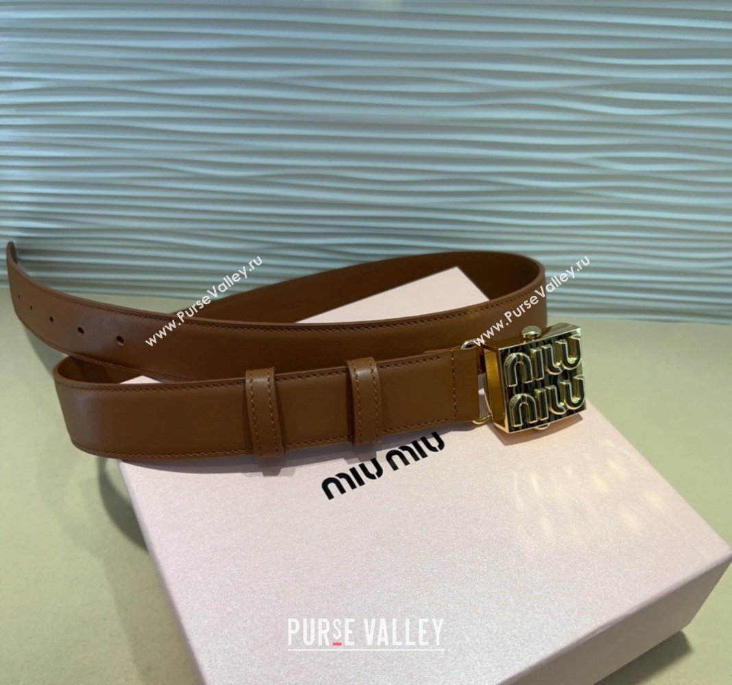 Miu Miu Calfskin Belt 3cm with Logo Band Buckle Brown/Gold 2024 MM102201 (99-241022028)