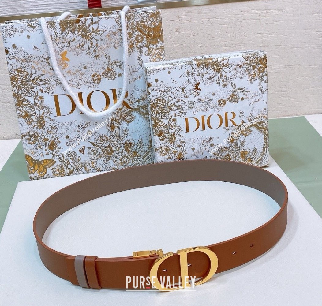 Dior Reversible Calfskin Belt 3.5cm with CD Buckle Grey/Orange/Shiny Gold 2024 1127 (99-241127138)