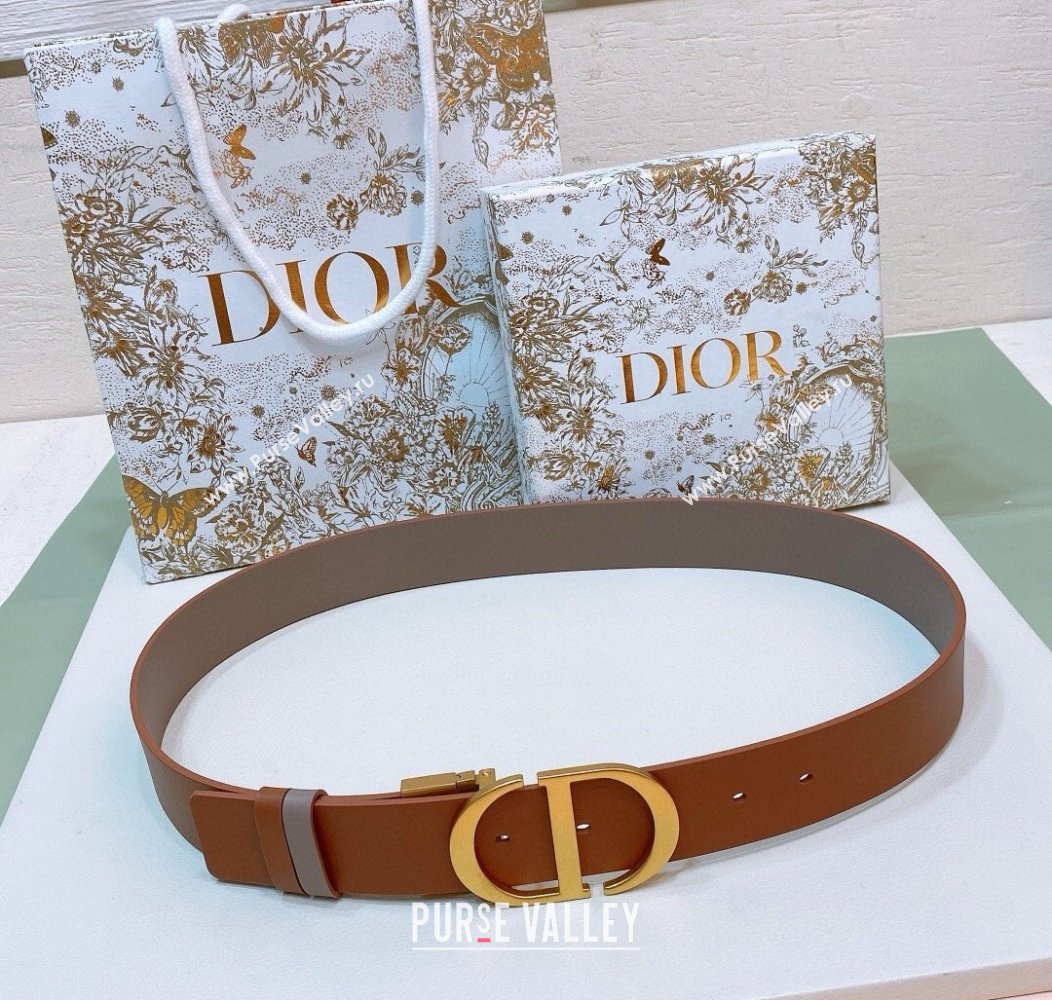 Dior Reversible Calfskin Belt 3.5cm with CD Buckle Grey/Orange/Aged Gold 2024 1127 (99-241127139)