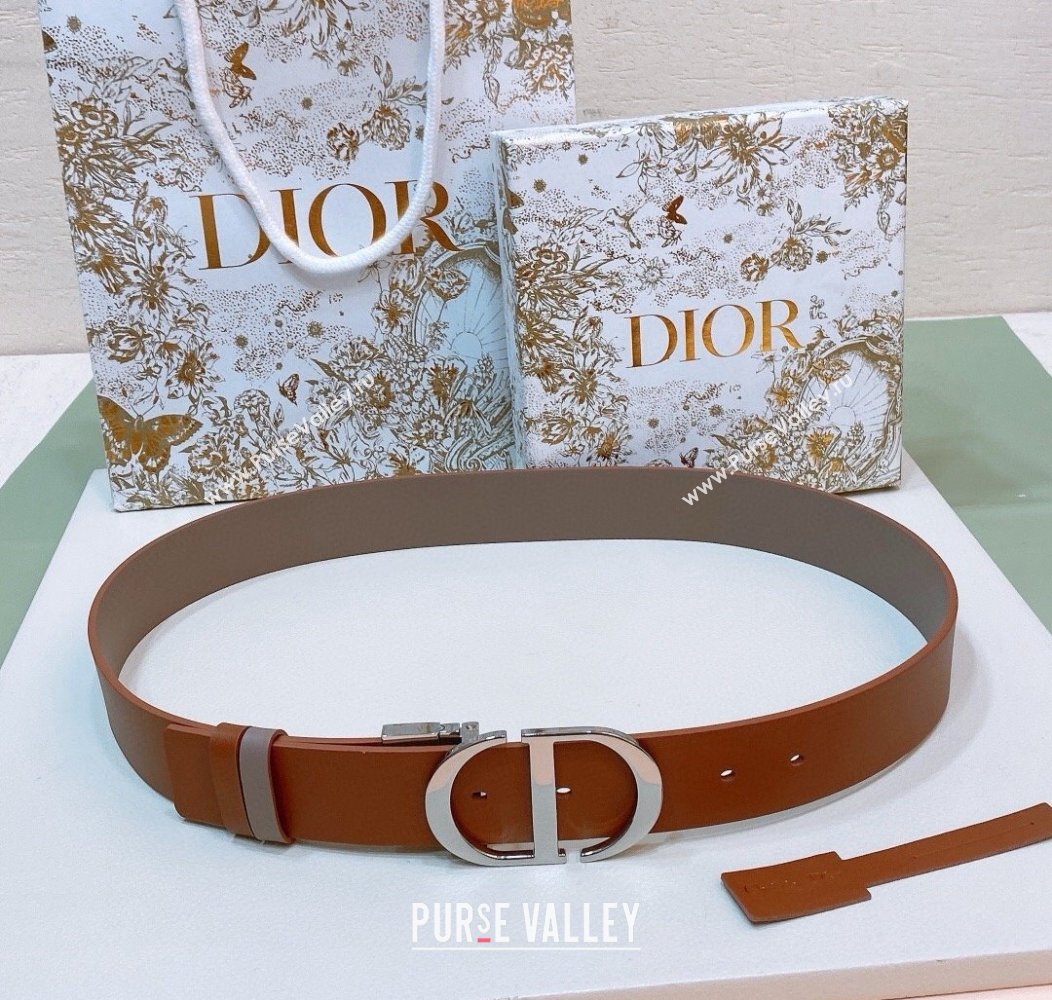 Dior Reversible Calfskin Belt 3.5cm with CD Buckle Grey/Orange/Silver 2024 1127 (99-241127140)