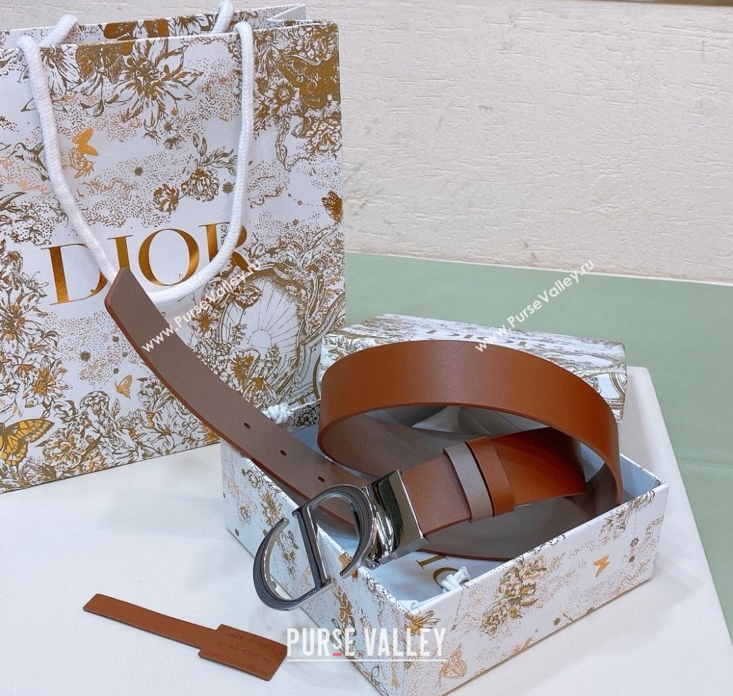 Dior Reversible Calfskin Belt 3.5cm with CD Buckle Grey/Orange/Silver 2024 1127 (99-241127140)