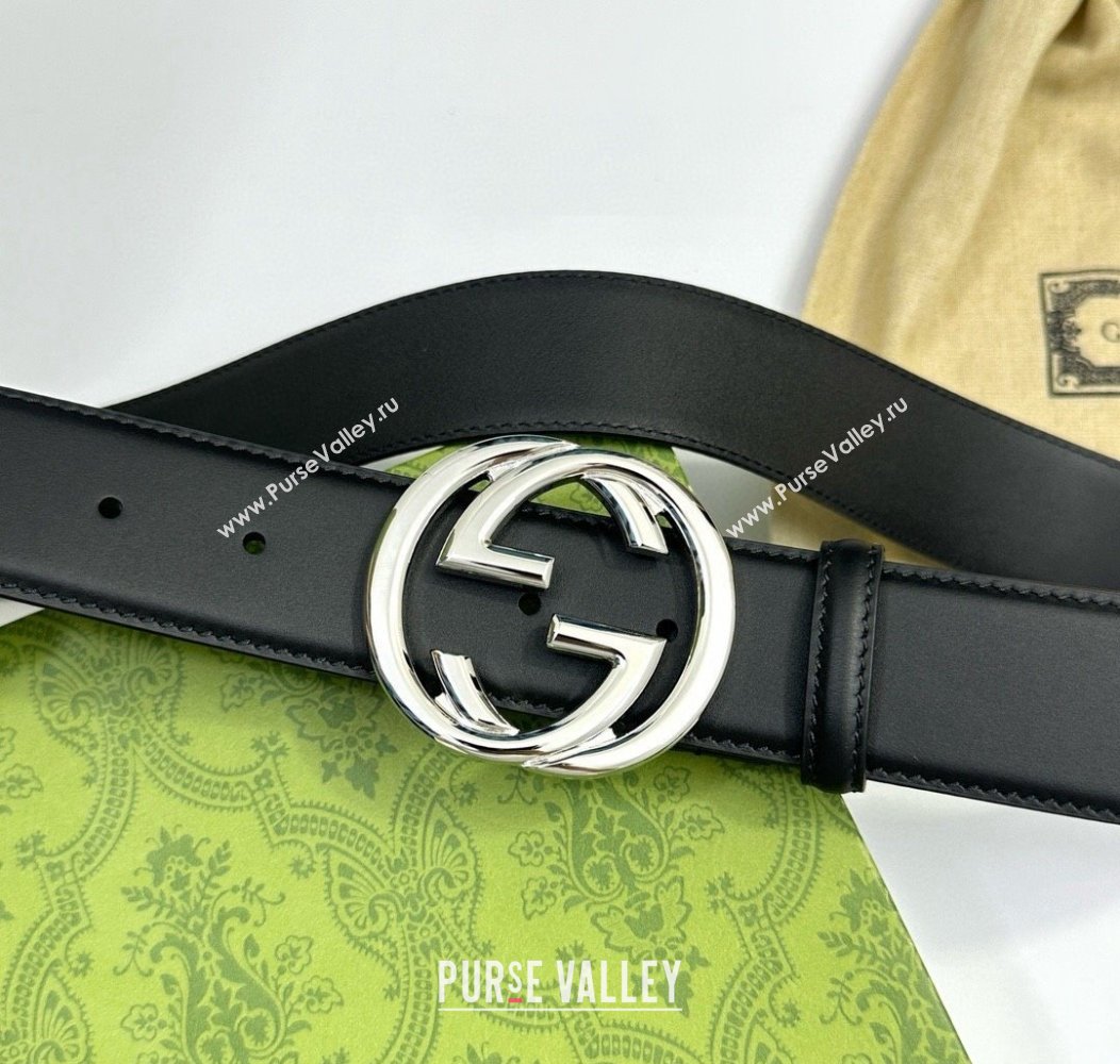 Gucci Calfskin Leather Belt 4cm with Interlocking G Buckle Black/Silver 2024 1127 (99-241127040)