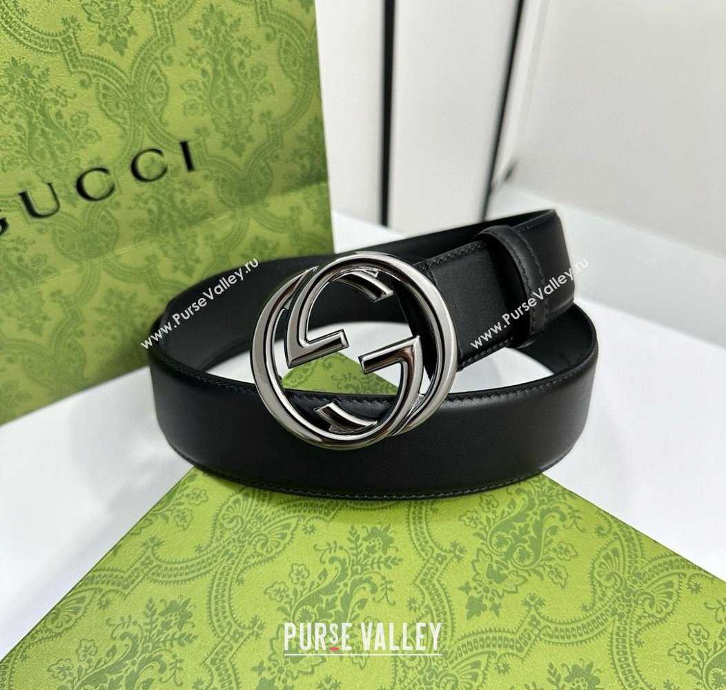 Gucci Calfskin Leather Belt 4cm with Interlocking G Buckle Black/Gunmetal 2024 1127 (99-241127041)