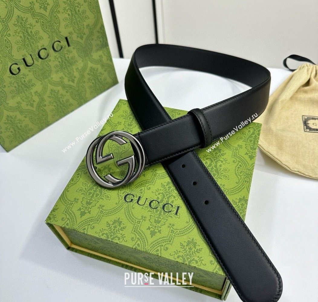 Gucci Calfskin Leather Belt 4cm with Interlocking G Buckle Black/Gunmetal 2024 1127 (99-241127041)