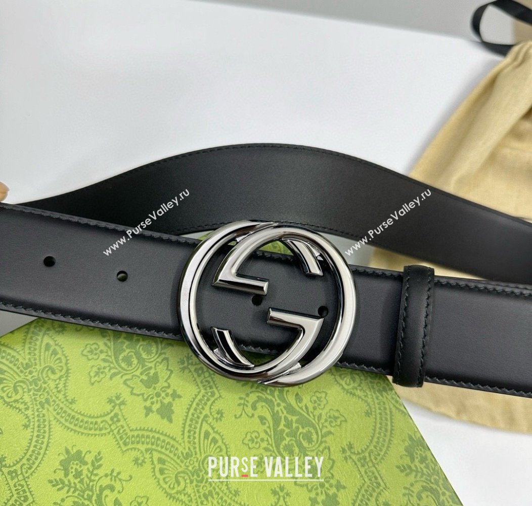 Gucci Calfskin Leather Belt 4cm with Interlocking G Buckle Black/Gunmetal 2024 1127 (99-241127041)