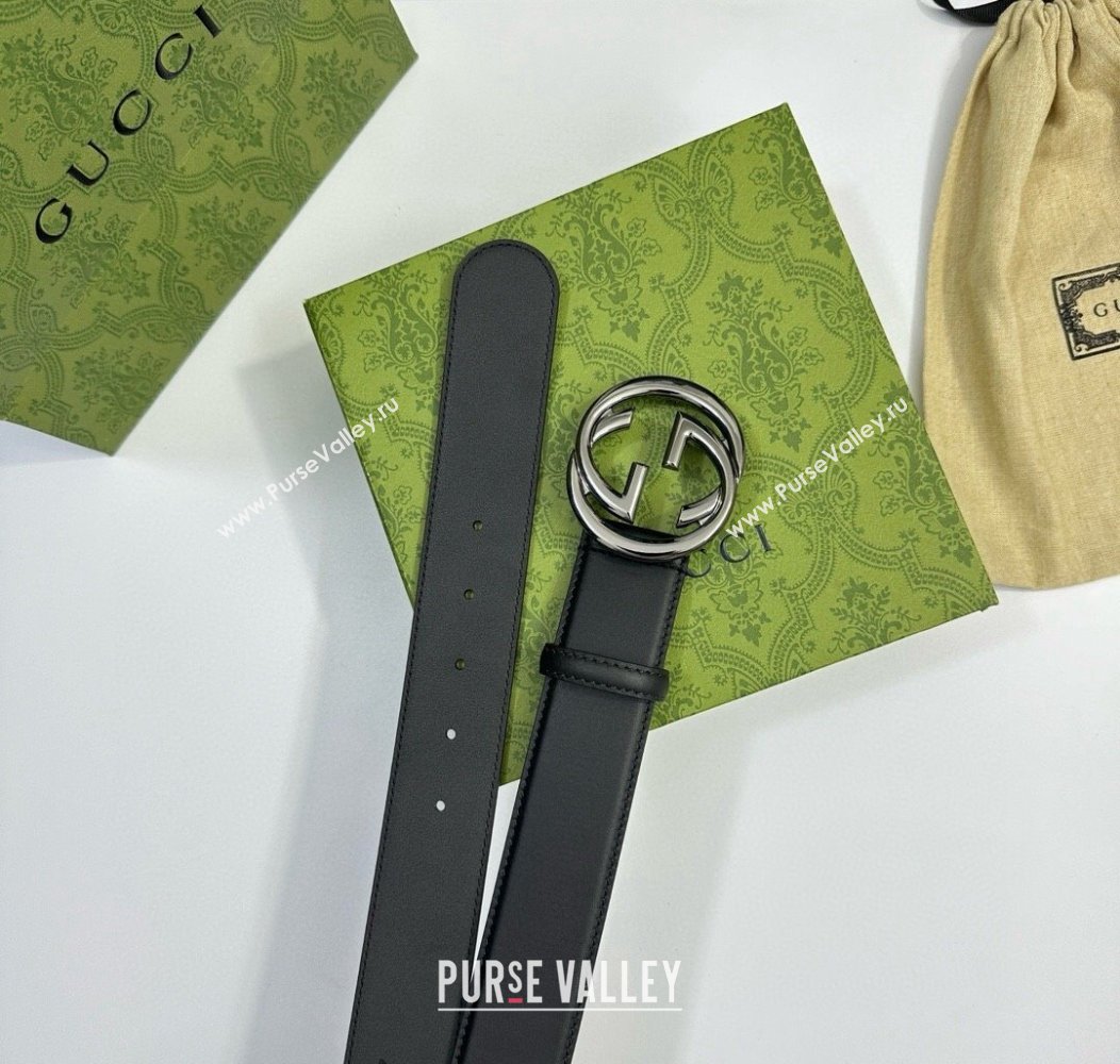 Gucci Calfskin Leather Belt 4cm with Interlocking G Buckle Black/Gunmetal 2024 1127 (99-241127041)