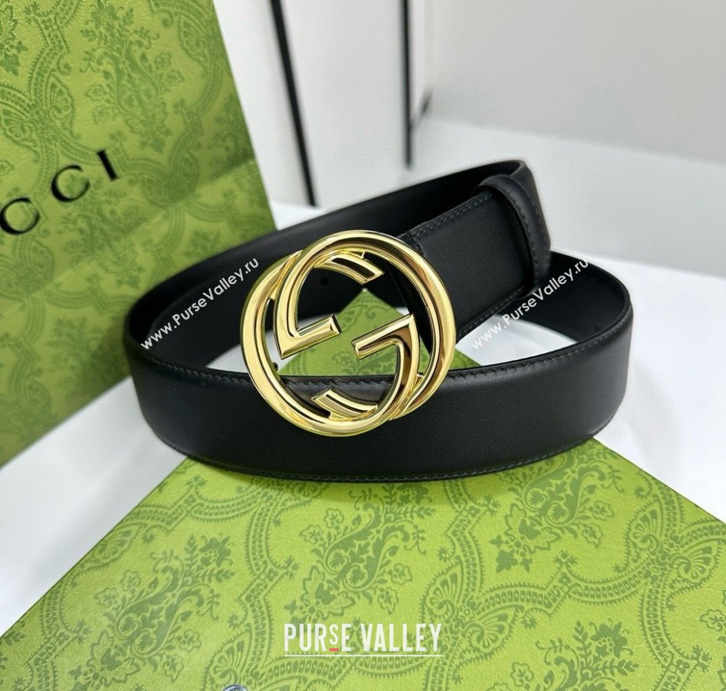 Gucci Calfskin Leather Belt 4cm with Interlocking G Buckle Black/Gold 2024 1127 (99-241127039)