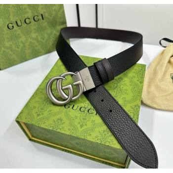 Gucci Grained Calfskin Belt 3.7cm with Interlocking G Buckle Black/Silver 2024 1127 (99-241127042)