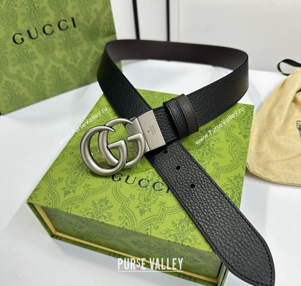 Gucci Grained Calfskin Belt 3.7cm with Interlocking G Buckle Black/Silver 2024 1127 (99-241127042)