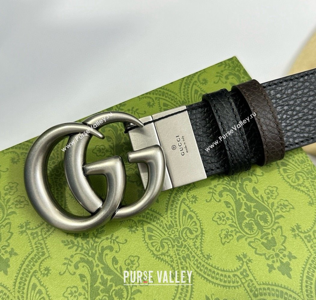 Gucci Grained Calfskin Belt 3.7cm with Interlocking G Buckle Black/Silver 2024 1127 (99-241127042)