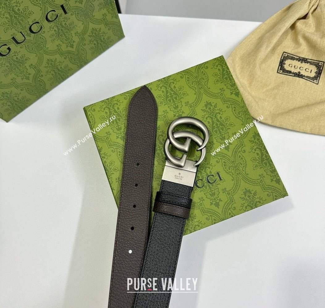 Gucci Grained Calfskin Belt 3.7cm with Interlocking G Buckle Black/Silver 2024 1127 (99-241127042)