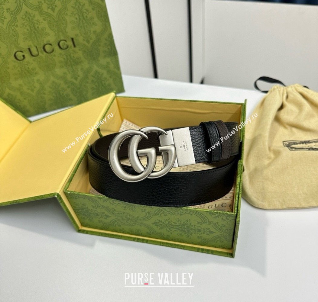 Gucci Grained Calfskin Belt 3.7cm with Interlocking G Buckle Black/Silver 2024 1127 (99-241127042)