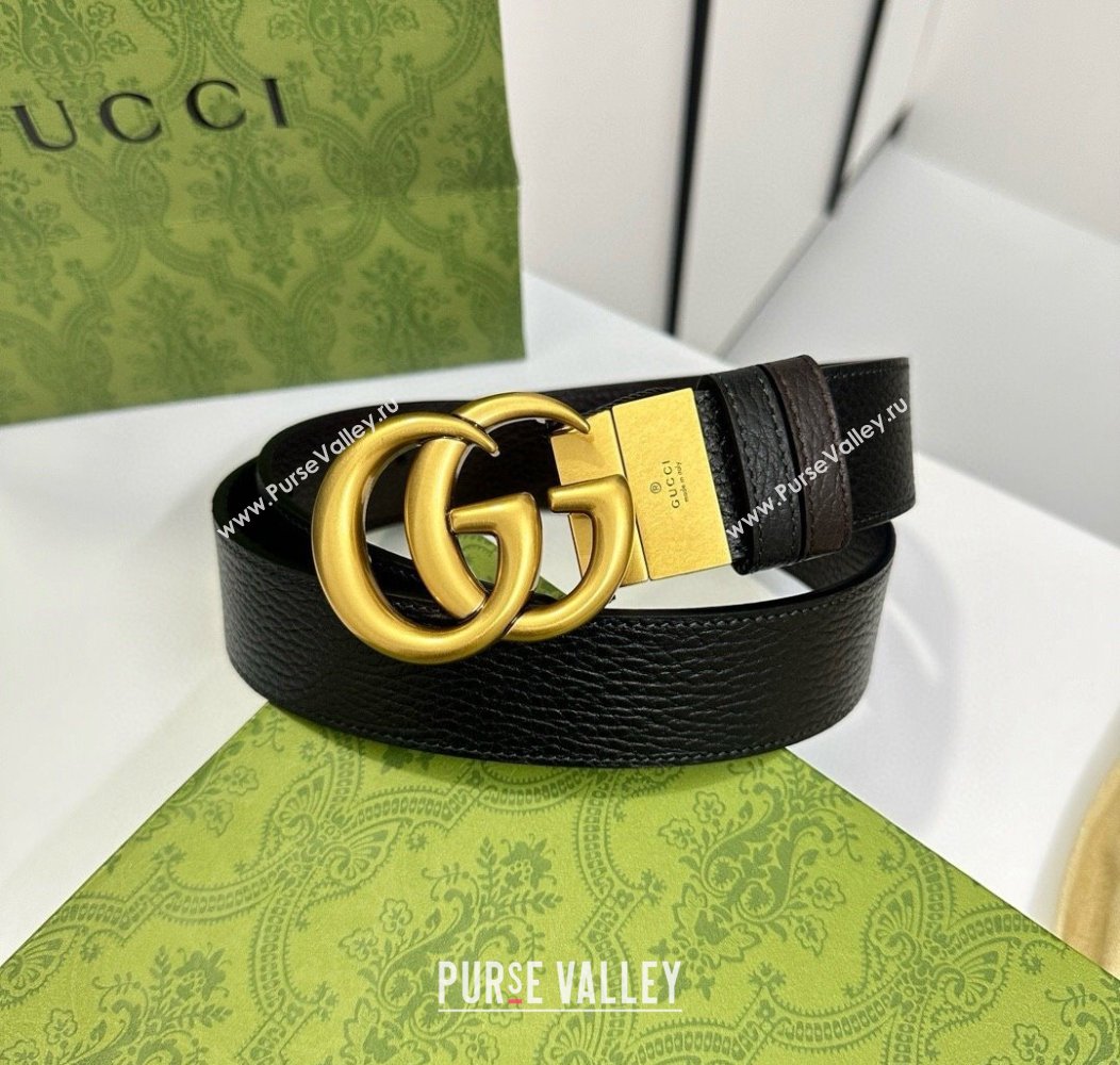 Gucci Grained Calfskin Belt 3.7cm with Interlocking G Buckle Black/Gold 2024 1127 (99-241127043)