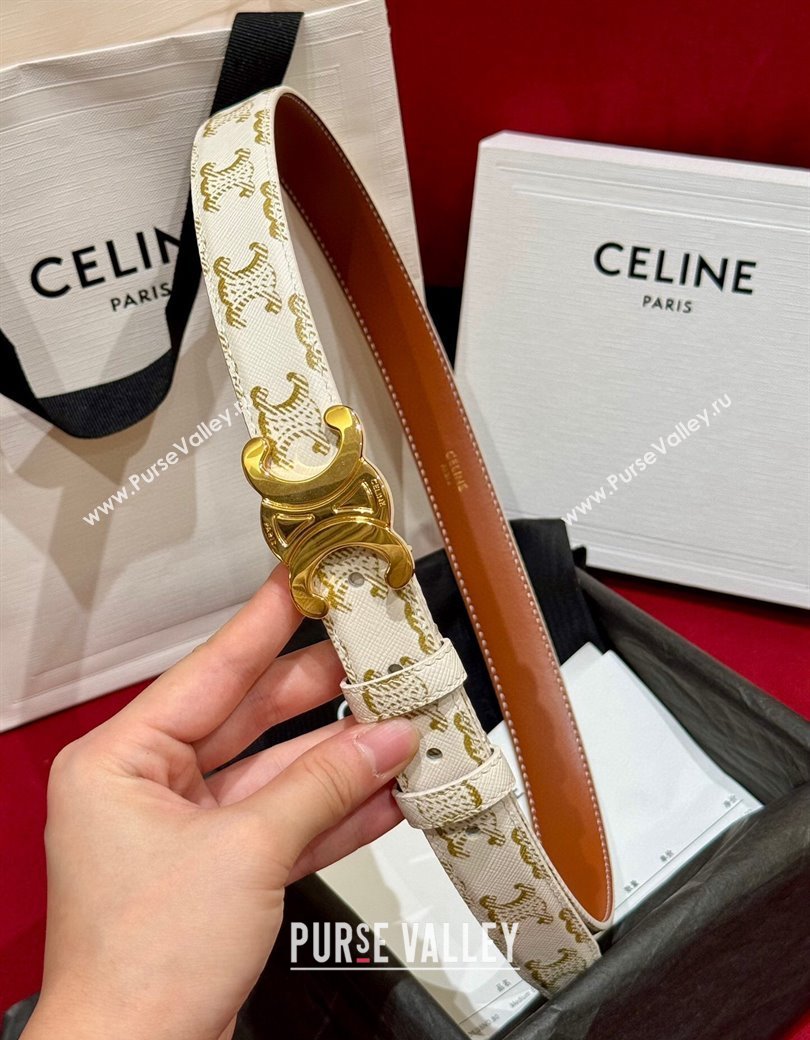 Celine Triomphe Calfskin Belt 2.5cm White/Gold 2024 1127 (99-241127073)