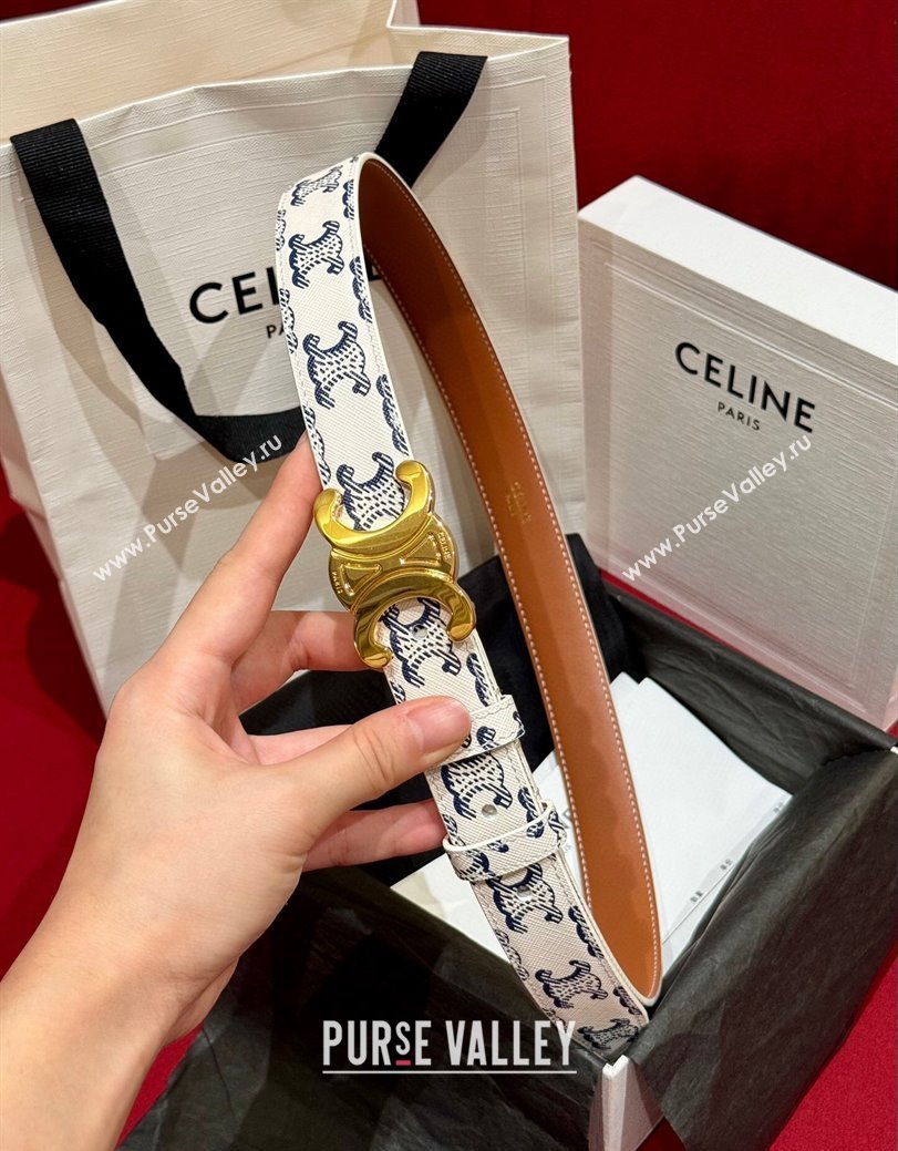 Celine Triomphe Calfskin Belt 2.5cm White/Blue 2024 1127 (99-241127074)