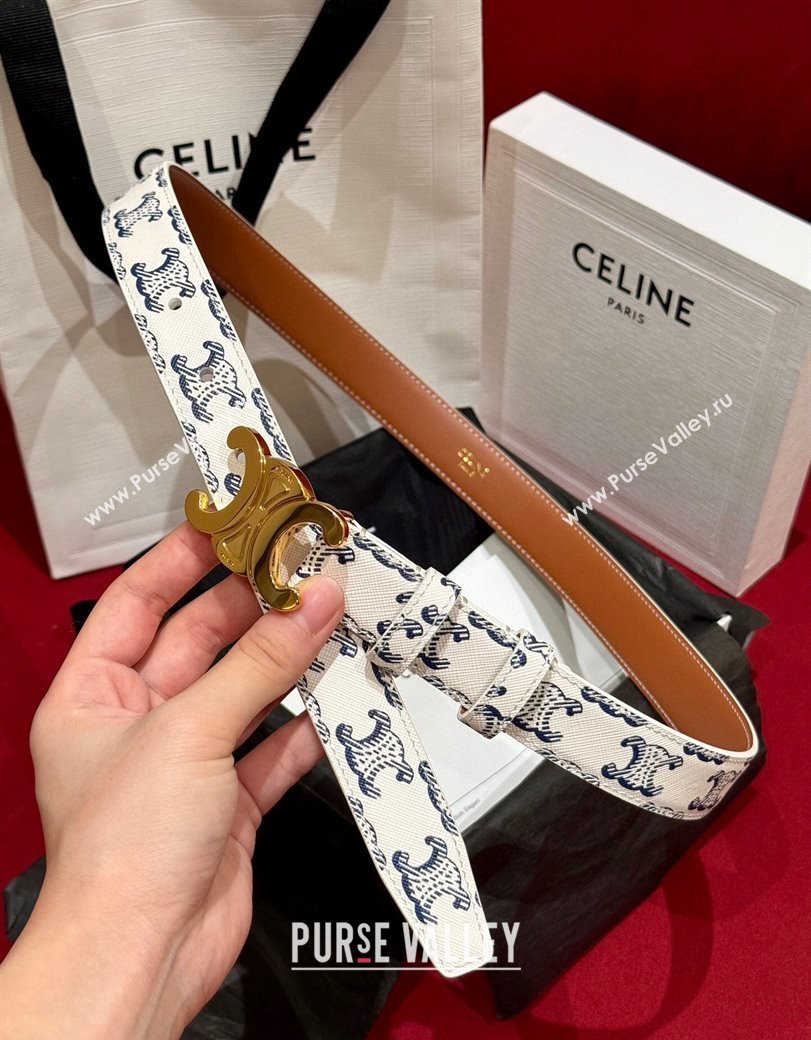 Celine Triomphe Calfskin Belt 2.5cm White/Blue 2024 1127 (99-241127074)