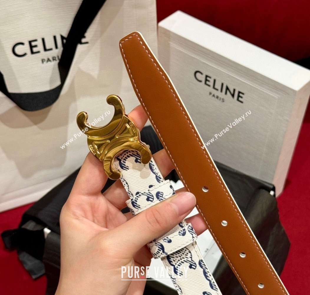 Celine Triomphe Calfskin Belt 2.5cm White/Blue 2024 1127 (99-241127074)