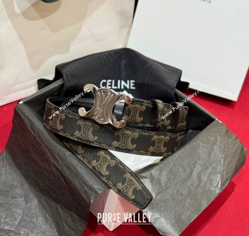 Celine Triomphe Calfskin Belt 2.5cm Brown/Silver 2024 1127 (99-241127076)