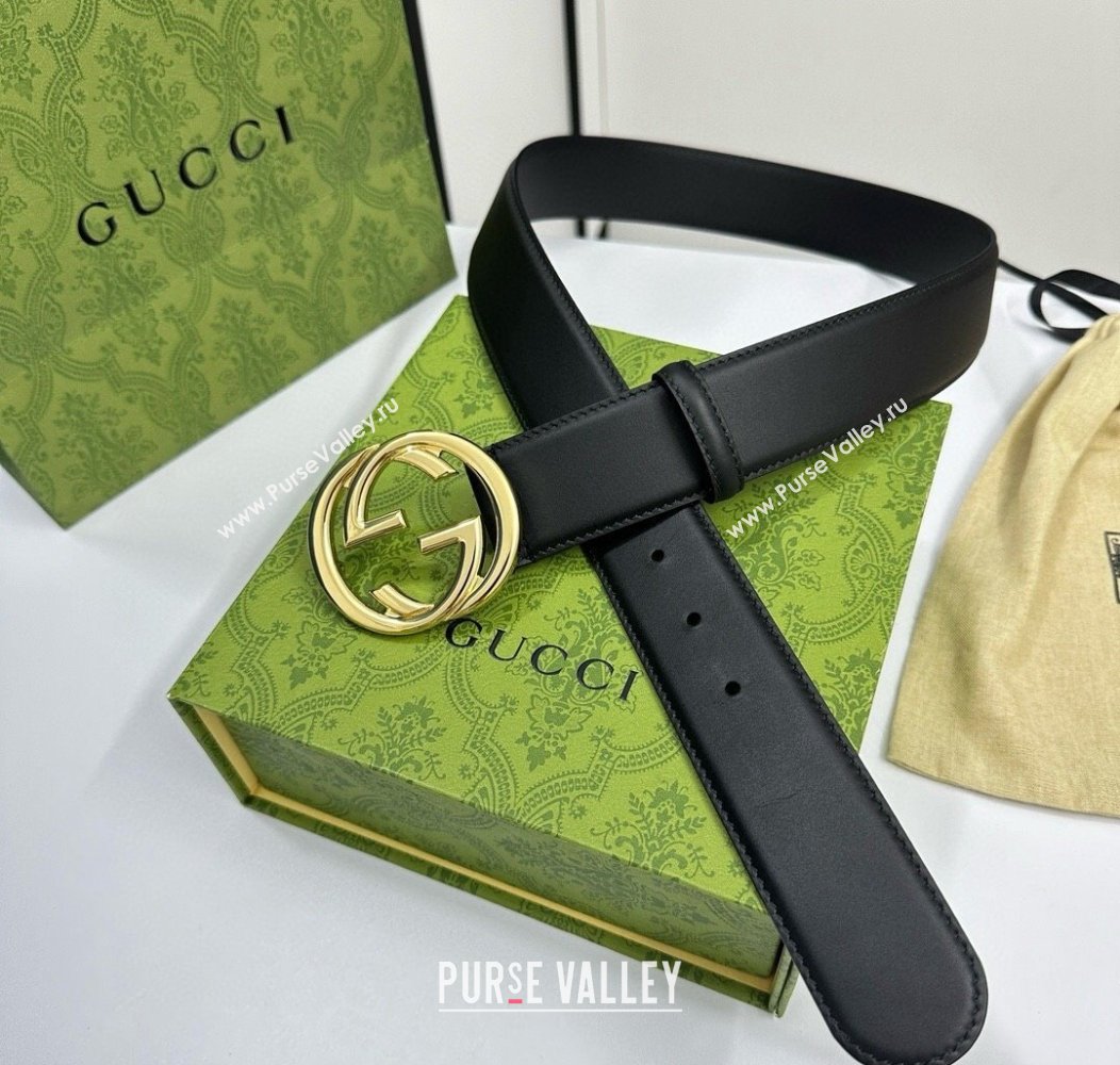 Gucci Calfskin Leather Belt 4cm with Interlocking G Buckle Black/Gold 2024 1127 (99-241127039)