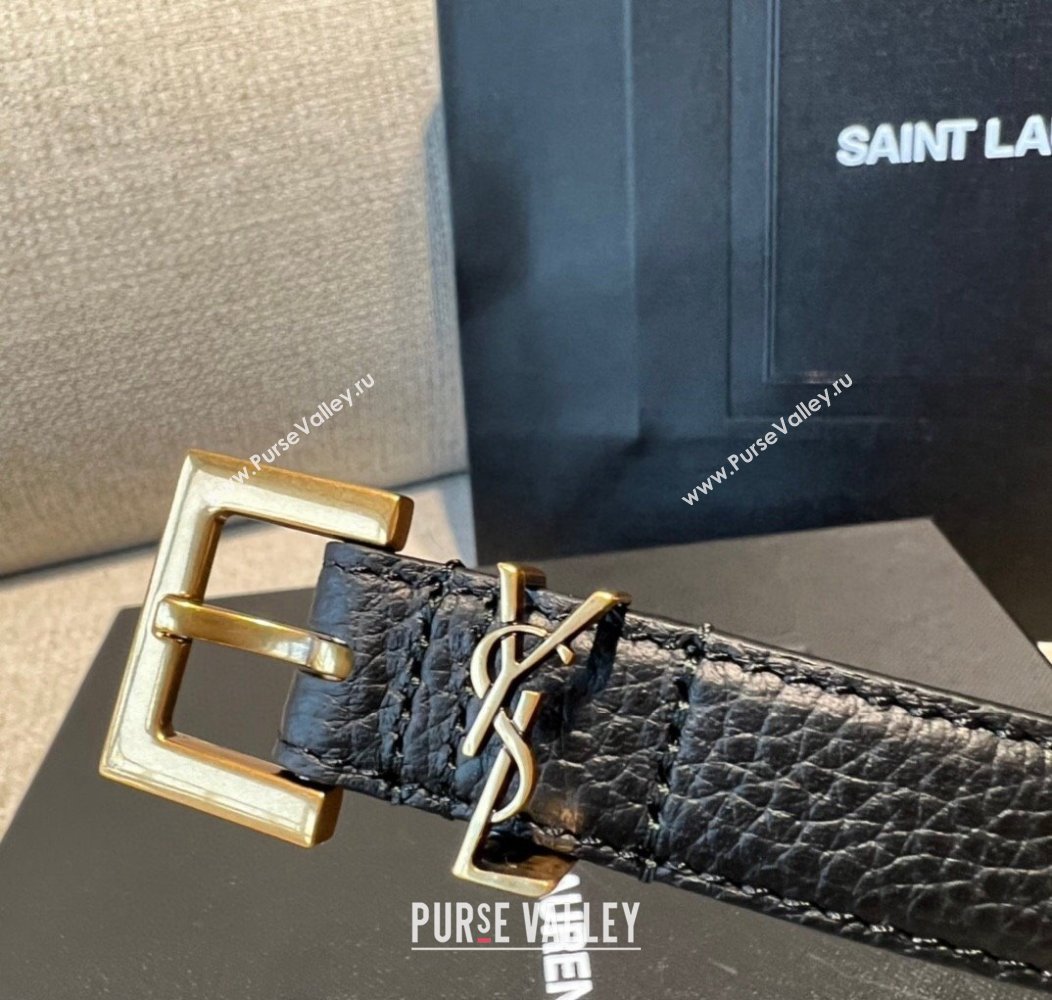 Saint Laurent Grained Calfskin Belt 2cm Black/Vintage Gold 2024 1127 (99-241127086)