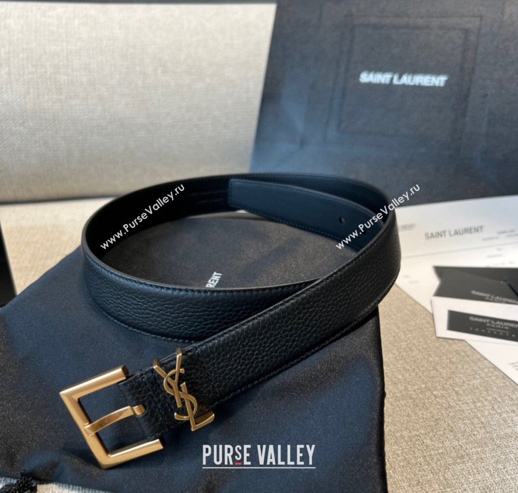 Saint Laurent Grained Calfskin Leather Belt 2cm Black/Gold 2024 1127 (99-241127087)