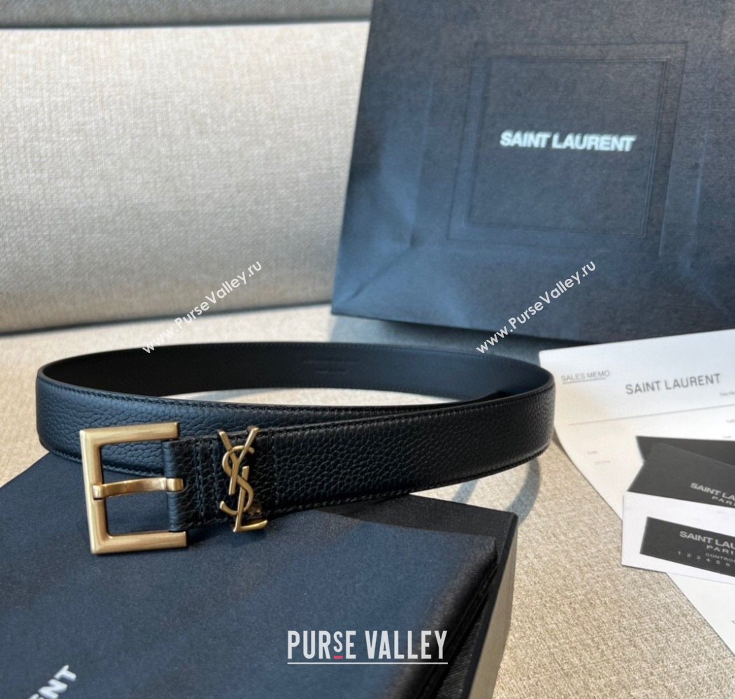 Saint Laurent Grained Calfskin Leather Belt 2cm Black/Gold 2024 1127 (99-241127087)