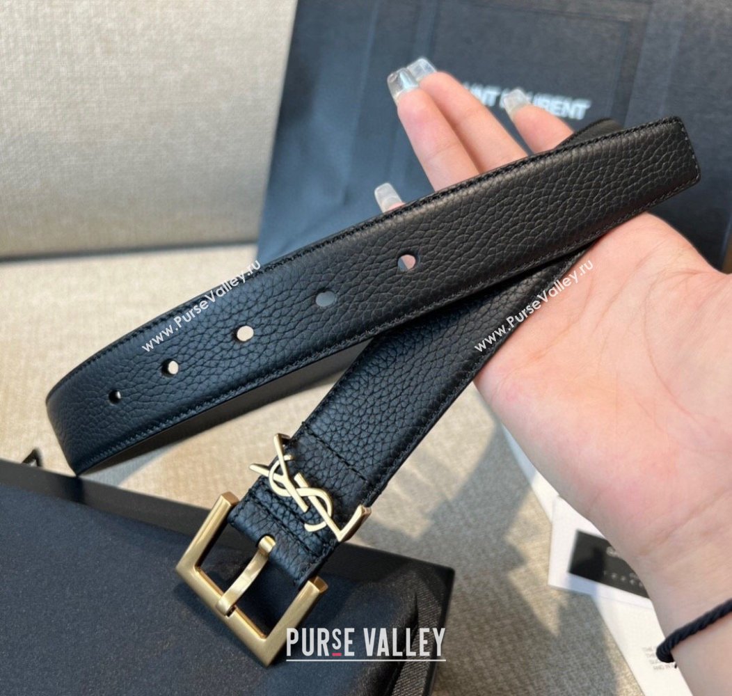 Saint Laurent Grained Calfskin Leather Belt 2cm Black/Gold 2024 1127 (99-241127087)