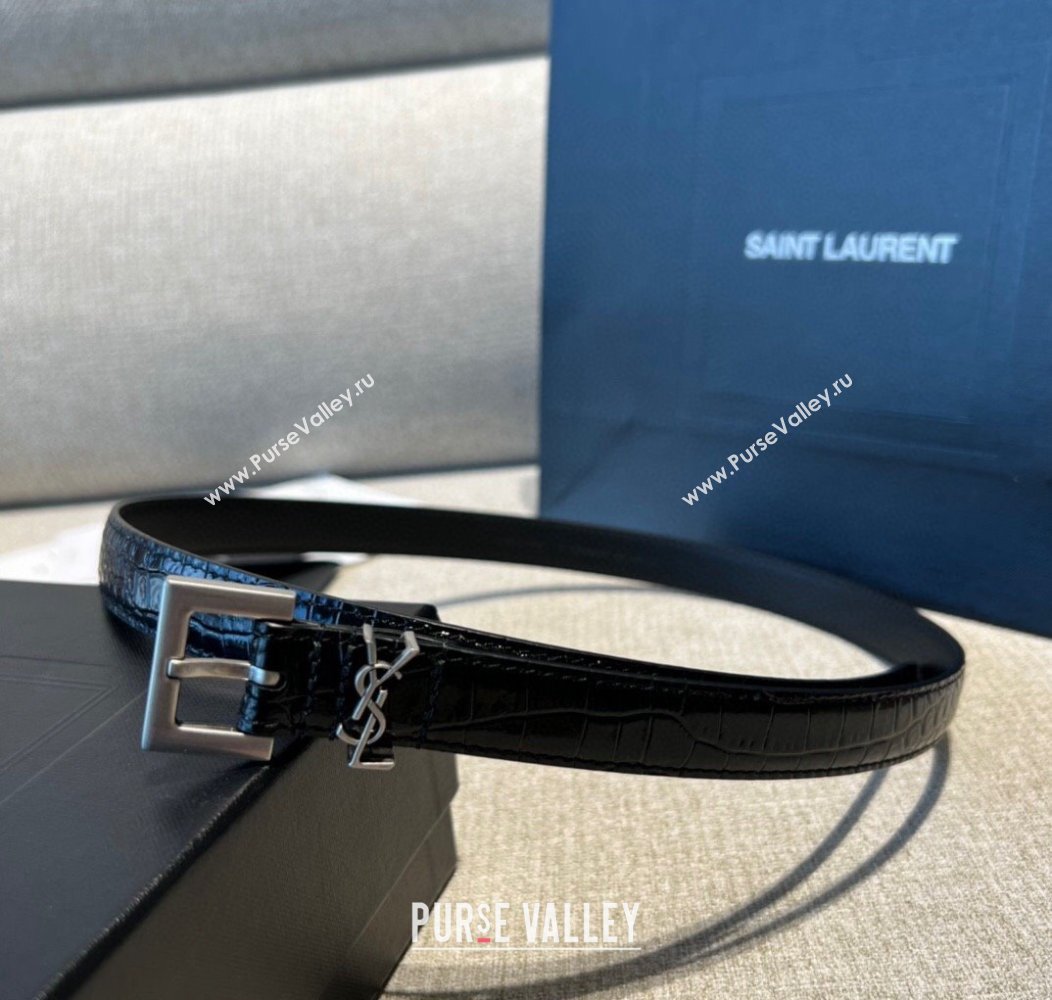 Saint Laurent Crocodile Embossed Leather Belt 2cm Black 1 2024 1127 (99-241127088)