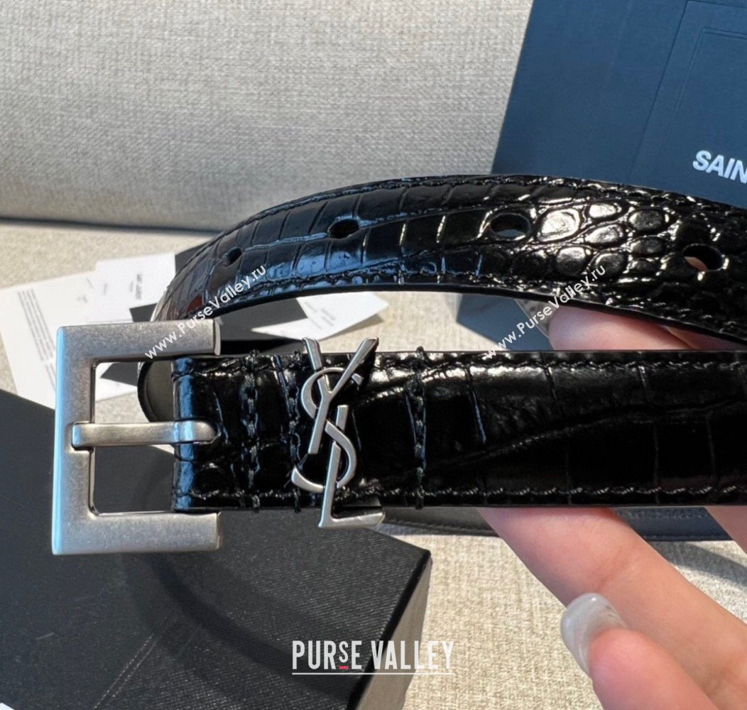 Saint Laurent Crocodile Embossed Leather Belt 2cm Black 1 2024 1127 (99-241127088)