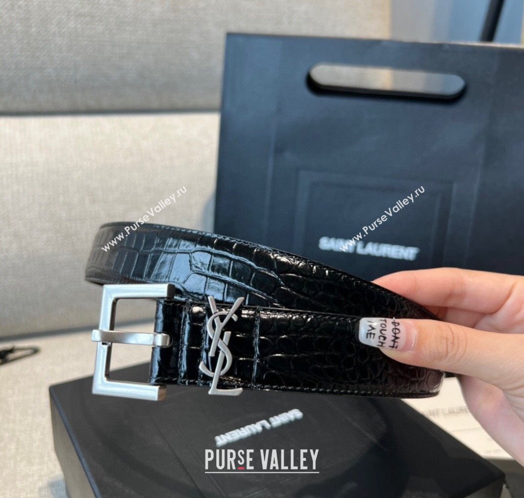 Saint Laurent Crocodile Embossed Leather Belt 2cm Black 2 2024 1127 (99-241127089)