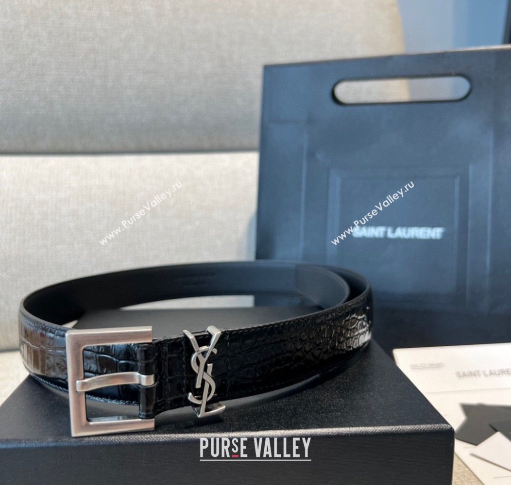 Saint Laurent Crocodile Embossed Leather Belt 2cm Black 2 2024 1127 (99-241127089)