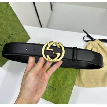 Gucci Calfskin Leather Belt 4cm with Interlocking G Buckle Black/Gold 2024 1127 (99-241127039)