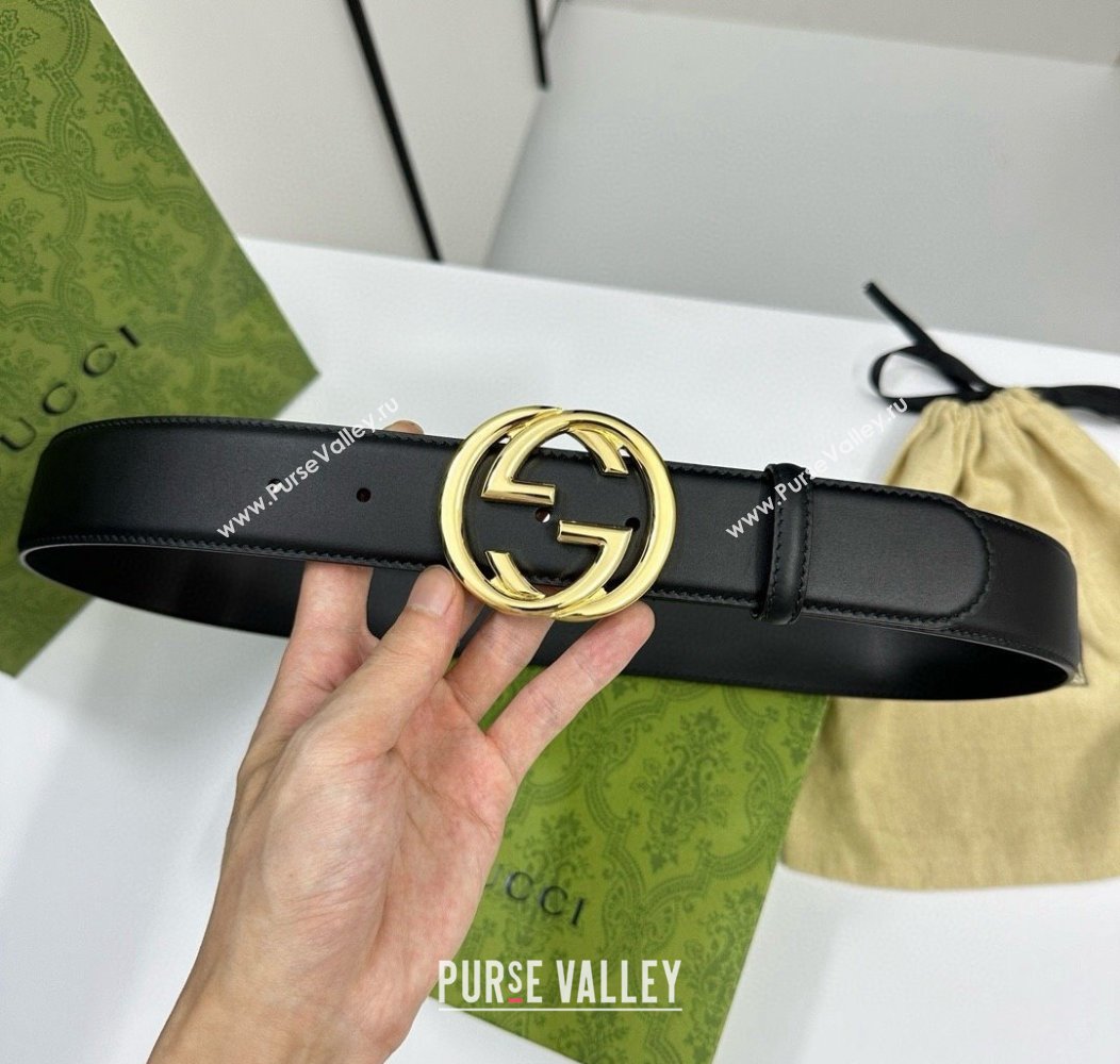 Gucci Calfskin Leather Belt 4cm with Interlocking G Buckle Black/Gold 2024 1127 (99-241127039)