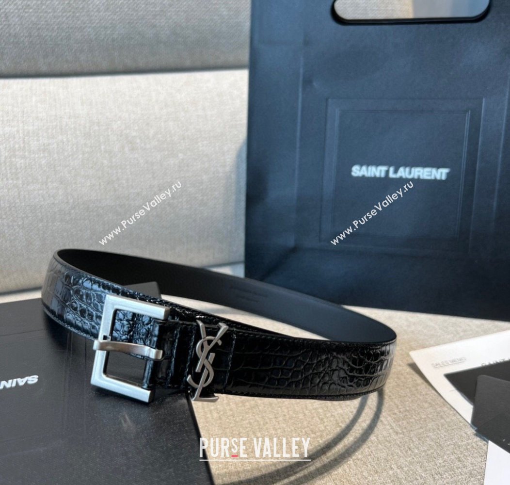 Saint Laurent Crocodile Embossed Leather Belt 2cm Black 2 2024 1127 (99-241127089)