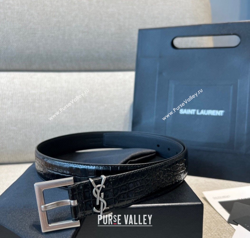 Saint Laurent Crocodile Embossed Leather Belt 2cm Black 2 2024 1127 (99-241127089)